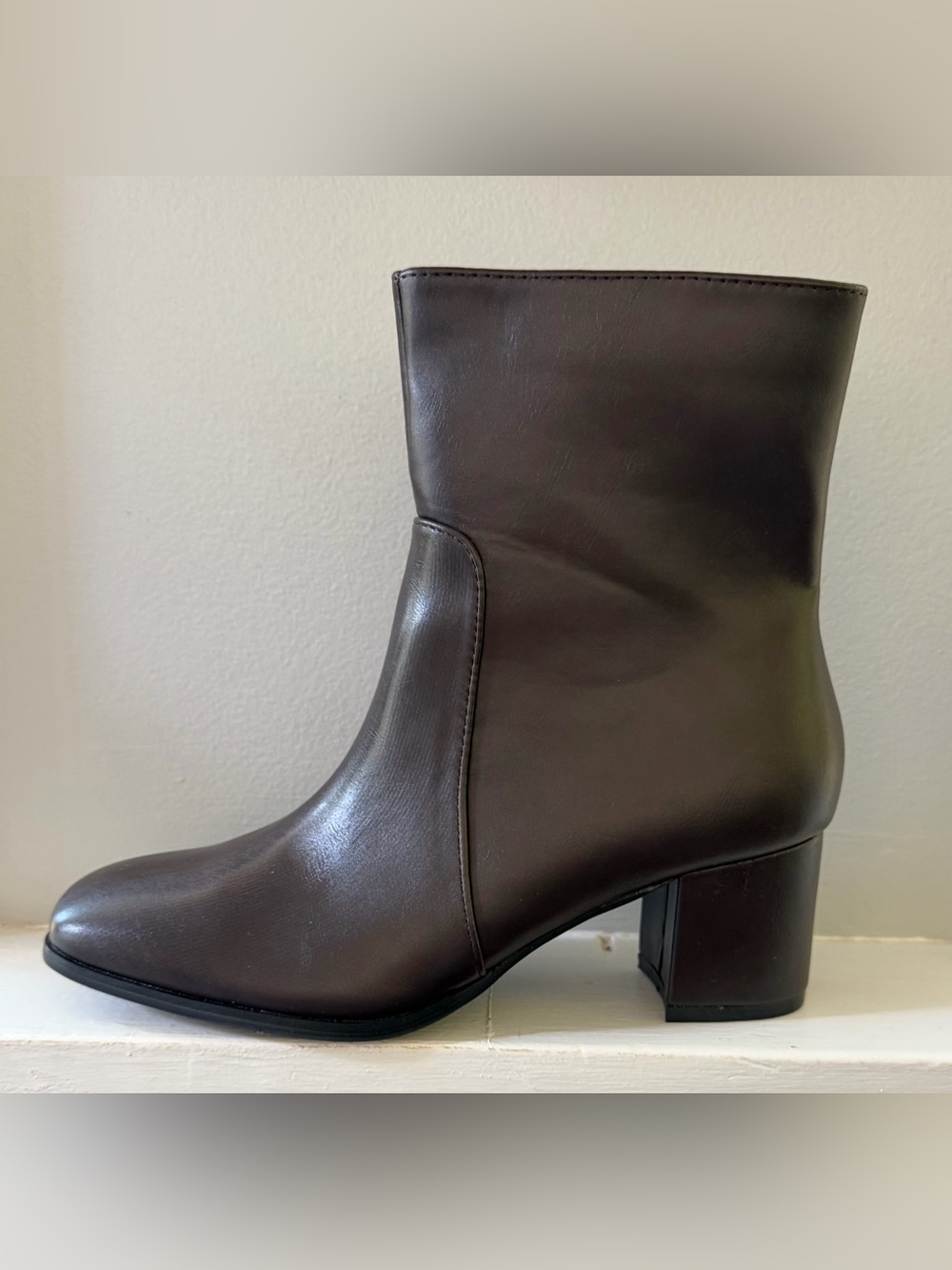 Allegra K Dark Brown Leather Mid-Calf Block Heel Ankle Boots